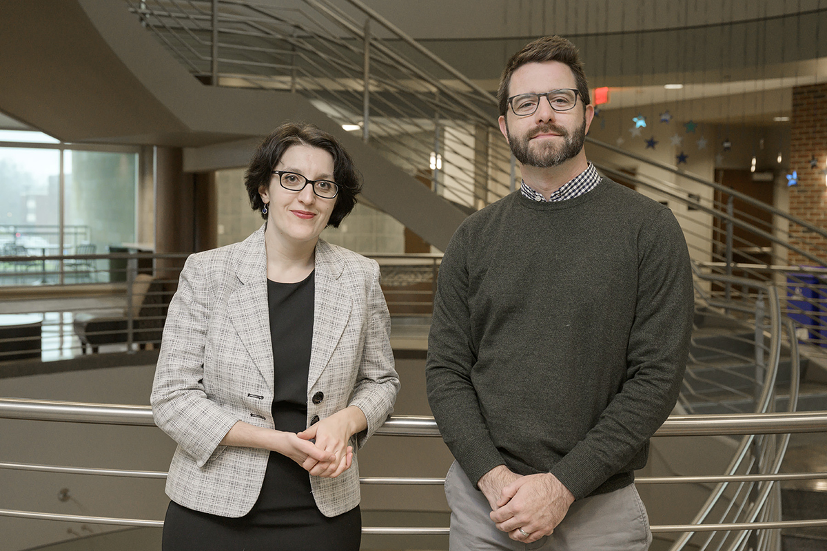 MTSU assistant professors Hanna Terletska, left, from the Department of Physics and Astronomy in the College of Basic and Applied Sciences, and Seth Jones of the Womack Educational Leadership Department in the College of Education are recipients of National Science Foundation Early Career Development grants totaling nearly $1,200,000 combined for five-year research projects. This marks the first time MTSU faculty have received NSF CAREER Awards. (MTSU photo by Andy Heidt)