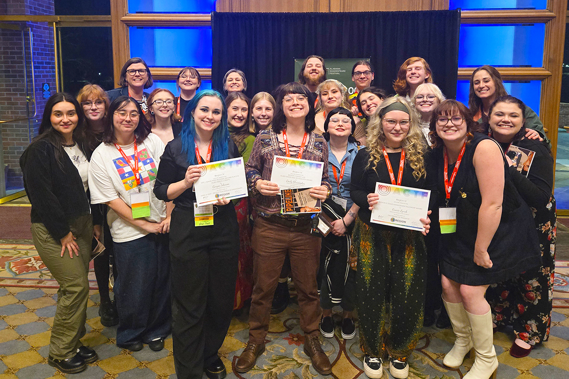 From left, front row, Caryss Johnson, Emily Christopher and Gracie Lynch pose with award certificates alongside other Middle Tennessee State University theatre students and faculty mentors at the 2026 American College Theatre Festival Region IV conference held Feb. 3-7 in Montgomery, Ala. MTSU students earned multiple awards and finalist honors at the regional event, which brings together collegiate theater programs from across the Southeast. (Submitted photo)