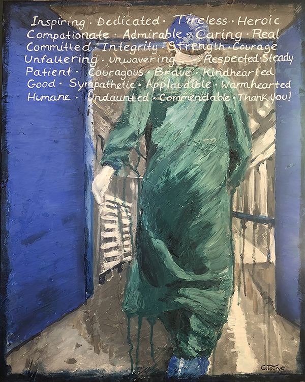 Murfreesboro artist Ginny Togrye's mixed-media sculptural painting, "Distant But With Regard," with acrylic and modeling paste on canvas, honors healthcare workers and others who put themselves in danger to save others' lives. Togrye is one of the artists included in new dual collaborative exhibits, "Collective Memories: Creative Expressions Through Contemporary Art” and “Words to Live By," on display at MTSU's Todd Art Gallery Oct. 24-Nov. 21. (image courtesy of Ginny Togrye)