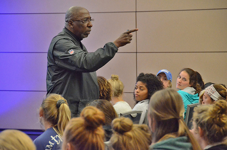 Author and social justice advocate Tony Porter makes a point during his presentation about combatting gender-based violence held April 8 in the Student Union Ballroom. The session, which was geared toward female students and student athletes, was one of two held by Porter that night. (MTSU photo by Jimmy Hart)