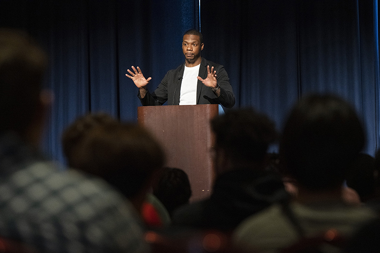 Troy Jones, CEO of StatusPRO, a sports technology company combining pro athlete data with augmented and virtual reality experiences, speaks to Blackman High School students Wednesday, April 6, in the Tennessee Room of the James Union Building. Jones later gave a keynote address to MTSU students as part of the university's Financial Literacy Week events. (MTSU photo by Andy Heidt)