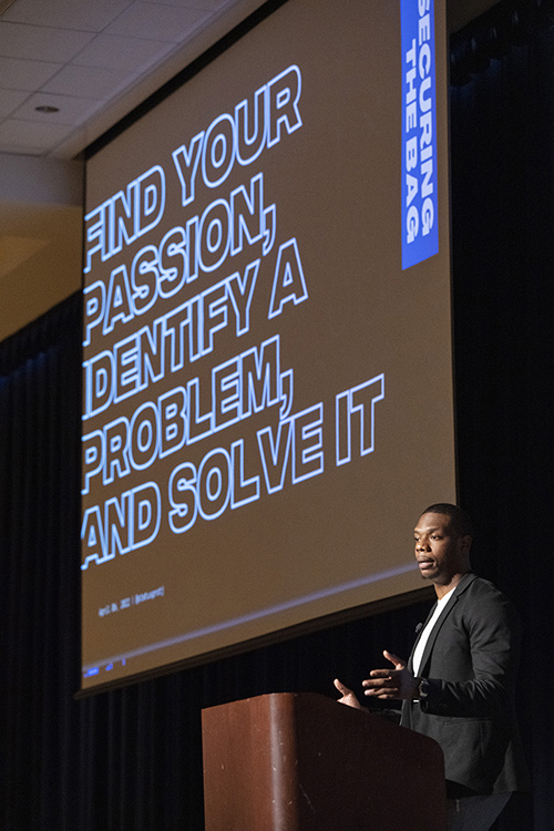 Troy Jones, CEO of StatusPRO, a sports technology company combining pro athlete data with augmented and virtual reality experiences, speaks to Blackman High School students about finding their passion Wednesday, April 6, in the Tennessee Room of the James Union Building. Jones later gave a keynote address to MTSU students as part of the university's Financial Literacy Week events. (MTSU photo by Andy Heidt)