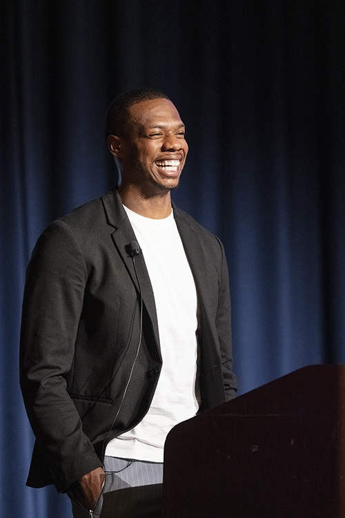 Troy Jones, CEO of StatusPRO, a sports technology company combining pro athlete data with augmented and virtual reality experiences, is all smiles as he speaks to Blackman High School students Wednesday, April 6, in the Tennessee Room of the James Union Building. Jones later gave a keynote address to MTSU students as part of the university's Financial Literacy Week events. (MTSU photo by Andy Heidt)