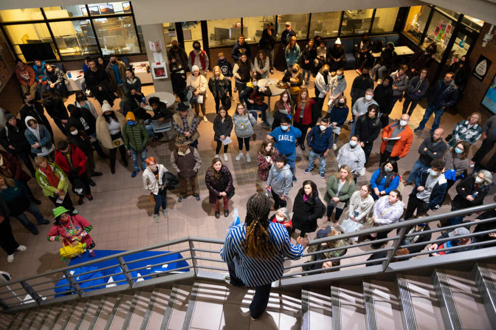 Prospective MTSU students and their families attending the February True Blue Preview event gather in the first-floor lobby of the Bragg Media and Entertainment Building, learning about the College of Media and Entertainment’s numerous offerings and hands-on programs. The second True Blue Preview will be held Saturday, March 26. (MTSU photo by James Cessna)