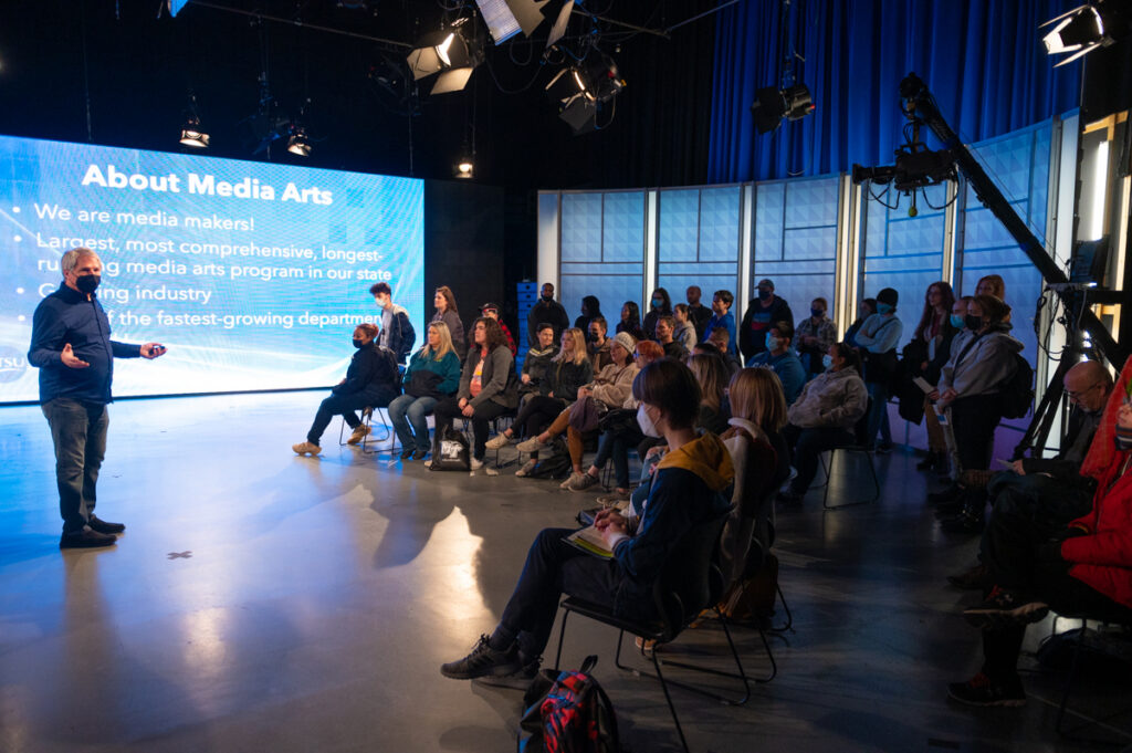 During the February True Blue Preview, Billy Pittard, left, chair of the Media Arts department in the MTSU College of Media and Entertainment, shares with the audience in a Bragg Media and Entertainment Building studio how the program is considered one of the best in the nation. Hundreds of prospective MTSU students and their parents will be on campus Saturday, March 26, for the second True Blue Preview of the spring semester. (MTSU photo by James Cessna)