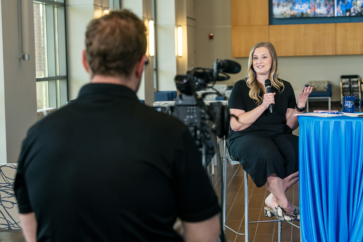 MTSU admissions recruiter October Henson, right, will co-host the upcoming Virtual True Blue Tour events with Office of Admissions colleague Tony Strode. They will interact with respective high school and transfer students and their parents. (MTSU file photo by Andy Heidt)