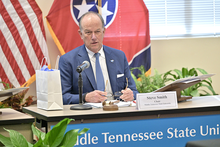 Middle Tennessee State University Board of Trustees Chairman Stephen B. Smith presides over the board’s quarterly meeting Dec. 6, 2023, in the Miller Education Center during which he was unanimously reelected to a fourth consecutive two-year term as board chair. (MTSU photos by J. Intintoli)