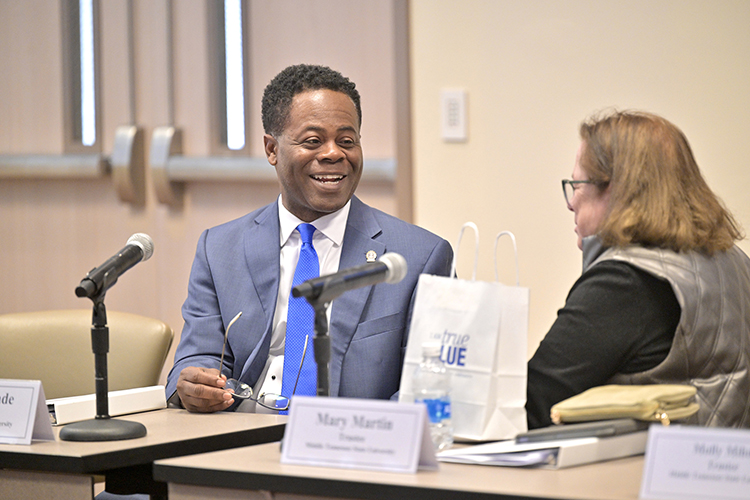 New Middle Tennessee State University Board of Trustee member Michael Wade, left, shares a laugh with Faculty Trustee Mary Martin at the board’s quarterly meeting Dec. 6, 2023, in the Miller Education Center on Bell Street in Murfreesboro, Tenn. (MTSU photos by J. Intintoli)