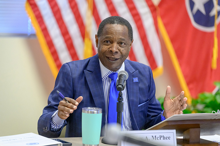 Middle Tennessee State University President Sidney A. McPhee gives his report to the university’s Board of Trustees during its quarterly meeting held Tuesday, March 18, in the Miller Education Center on Bell Street on the MTSU campus in Murfreesboro, Tenn. (MTSU photo by J. Intintoli)