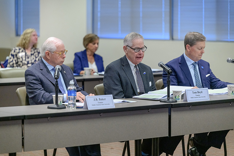 From left, Middle Tennessee State University Board of Trustees members J.B. Baker, Tom Boyd and Pete DeLay attend the board’s quarterly meeting held Tuesday, March 18, in the Miller Education Center on Bell Street on the MTSU campus in Murfreesboro, Tenn. (MTSU photo by J. Intintoli)