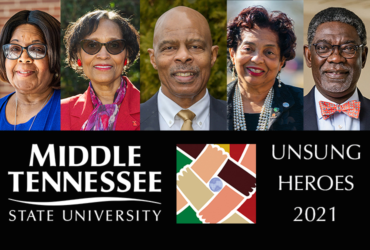 MTSU will honor five “unsung heroes” for their contributions to the community during the virtual Unity Celebration to be broadcast Thursday, Feb. 11, on the university’s Facebook and YouTube channels. Pictured, from left, are honorees Sue Anderson, Violet Cox-Wingo, George Gibson, Christa Martin and Kim Sokoya. (MTSU photos by Creative Marketing Solutions; illustration by Jimmy Hart)