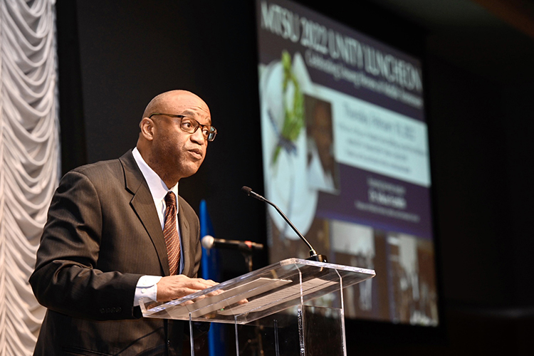 Sekou Franklin, an associate professor in the Department of Political Science and International Relations, delivers the featured address at the 26th annual Unity Luncheon Feb. 10 in MTSU's Student Union. (MTSU photo by J. Intintoli)