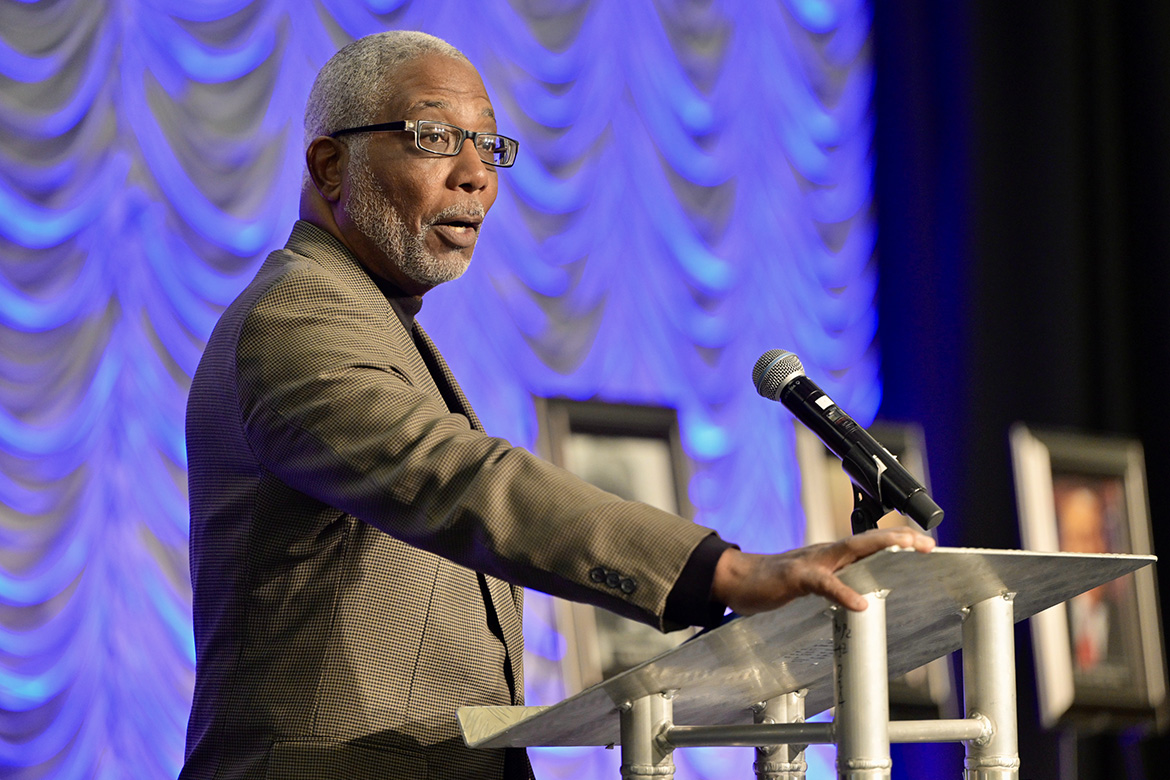 Ron Malone, vice president of Events and Transportation at Middle Tennessee State University, served as emcee for the 2024 Unity Luncheon held Thursday, Feb. 8, in the Student Union Ballroom on campus to honor "unsung heroes" in the Midstate community. (MTSU photo by Andy Heidt)