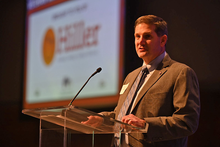 Jimmy Hiller, founder and CEO at Hiller Plumbing, Heating, Cooling & Electrical, gives remarks Tuesday, Nov. 2, at the fourth annual Veteran Impact Celebration held at the Student Union Ballroom on the Middle Tennessee State University campus. Hiller Plumbing was lead sponsor for the event, with proceeds benefitting MTSU’s Charlie and Hazel Daniels Veterans and Military Family Center. (MTSU photo by James Cessna)