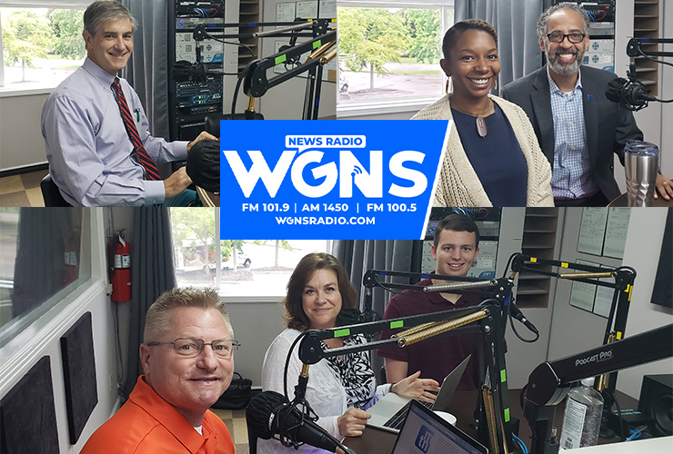 MTSU faculty and staff appeared on WGNS Radio’s July 19 “Action Line” program with host Scott Walker. Guests included, from top left from left, Dr. Greg Van Patten, interim dean, MTSU College of Basic and Applied Sciences; Brelinda Johnson, Scholars Academy manager in the MTSU Office of Student Success, and Dr. Vincent Windrow, associate vice provost for Student Success; and bottom, from left, journalism lecturer Dan Eschenfelder, Dr. Chistine Eschenfelder, journalism professor, and journalism student Houston Chapman. (MTSU photo illustration by Jimmy Hart)