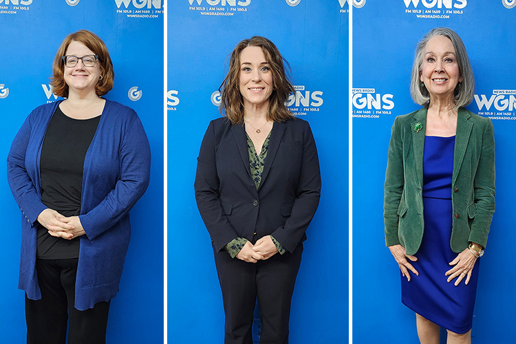 Middle Tennessee State University representatives appeared on the March 17 “Action Line” program on WGNS-FM Radio. Pictured, from left, at the station’s studio in downtown Murfreesboro, Tenn., in order of appearance, are Rachel Helms, assistant director, MTSU Office of Alumni Relations; Dr. Rebecca Oldham, MTSU Human Development and Family Studies assistant professor; and Dr. Mary Evins, research professor of history in the MTSU Honors College. (MTSU photo illustration by Jimmy Hart)