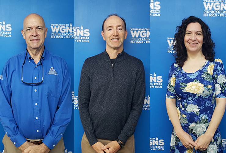 MTSU faculty and staff appeared on WGNS Radio’s April 19 “Action Line” program with host Scott Walker. Guests included, from left in order of appearance, Dr. Kelly Strong, professor and first-year director of the MTSU School of Concrete and Construction Management; Dr. Trey Martindale, MTSU’s chief online learning officer and head of MTSU Online in the University College; and Lisa Schrader, director of MTSU Health Promotion. (MTSU photo illustration by Jimmy Hart)