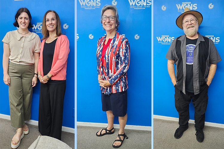 Middle Tennessee State University representatives appear on the Sept. 15 “Action Line” program on WGNS-FM Radio. Pictured, from left, at the station’s studio in downtown Murfreesboro, Tenn., in order of appearance, are Kate Hughes, Ph.D. candidate and graduate research assistant with MTSU’s Center for Historic Preservation, and Laura Holder, federal liaison for the Tennessee Civil War National Heritage Area at the CHP; Dr. Amy Sayward, history professor and coordinator of MTSU’s American Democracy Project chapter; and Bill Steber, veteran photojournalist and MTSU alumnus. (MTSU photo illustration by Jimmy Hart)