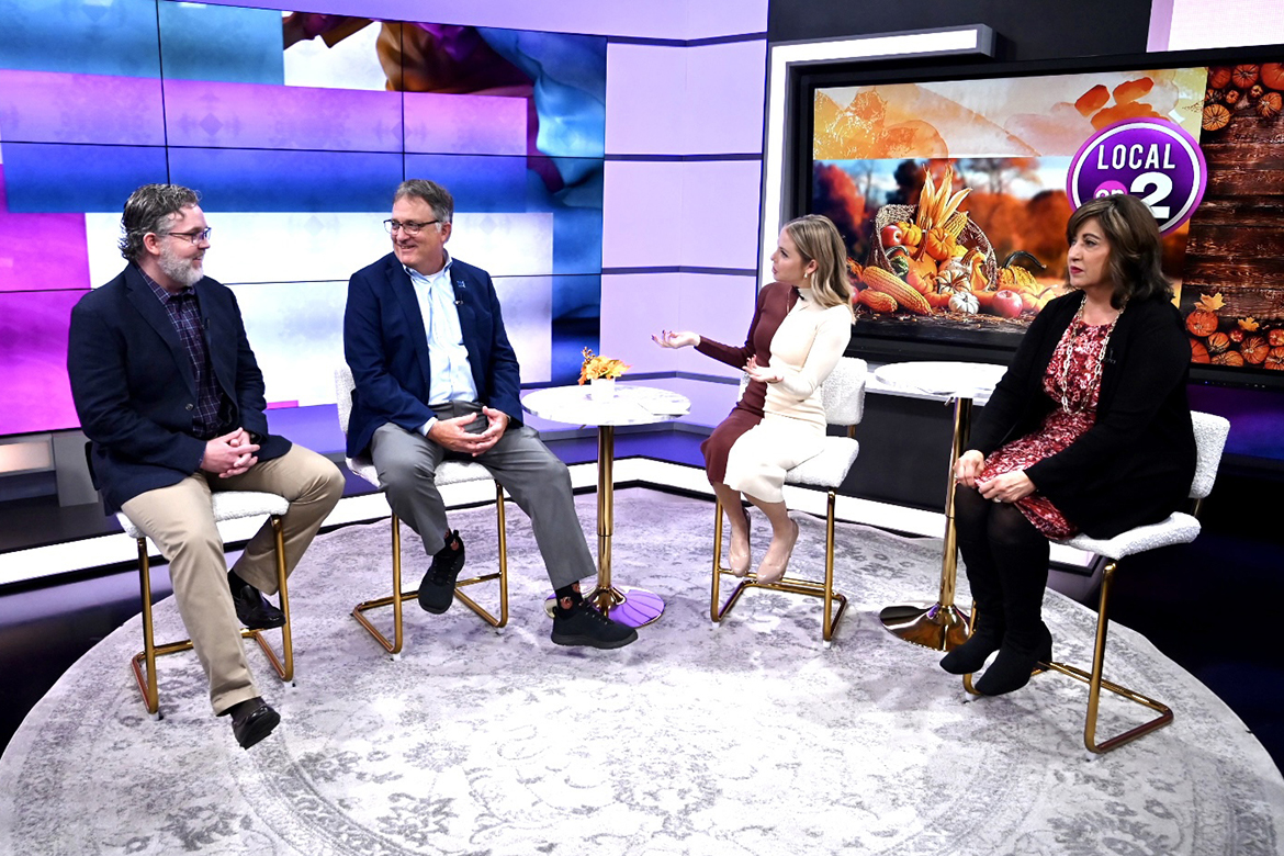 From left, Middle Tennessee State University alumnus and Metro Nashville Police Detective Chris Brennan and University Provost Mark Byrnes discuss MTSU’s expanded online course offerings with WKRN-TV “Local on 2” program co-host Laura Schweizer and trendspotter Silvia Castaneda on the set of the Nashville, Tenn., television station Oct. 30, 2023. MTSU now offers more than 50 online course options, flexibility that allowed Brennan to return to school and complete his bachelor’s degree. (MTSU photo by James Cessna)