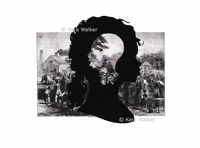 "Exodus of Confederates from Atlanta from Harper's Pictorial History of the Civil War (Annotated) 2005" by artist Kara Walker is one of a portfolio of 15 lithographs and screenprints in which Walker layered her silhouettes over illustrations she reproduced from Harper's Weekly magazine’s 1866 “Harper’s Pictorial History of the Civil War” to expose the racial injustices of the period. “Exodus” uses a silhouette within a silhouette to spotlight an African American boy who is loading a caravan of white civilians evacuating Atlanta in the wake of Confederate Army losses. (image copyright Kara Walker)
