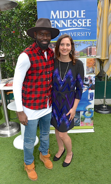 MTSU alumnus Torrance "Street Symphony" Esmond (left), nominated for a Grammy this year for Best Contemporary Christian Music Song/Performance, with MTSU alumna Alicia Warwick, executive director of The Recording Academy's Nashville chapter, at a Saturday, Feb. 7, brunch in Warwick's honor sponsored by MTSU in downtown Los Angeles before Sunday's Grammy awards. 