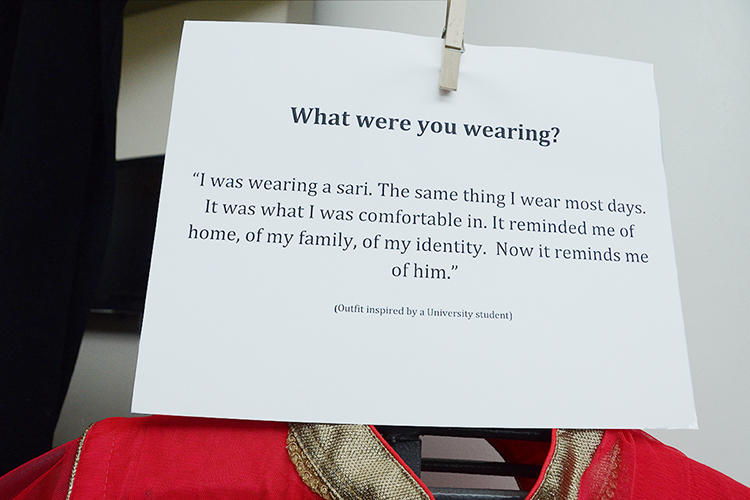 One of the anonymous stories of sexual assault is shown as part of the “What Were You Wearing?” sexual assault awareness exhibit on display April 2-6 in the MTSU Campus Recreation Center lobby. (MTSU photo by Jayla Jackson)