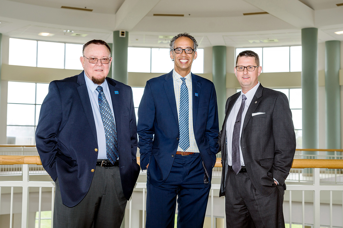 Shown with Richard "Rick" Sluder, vice provost for Student Success at Middle Tennessee State University in this April 2018 photo in the Miller Education Center are Vincent Windrow, center, and Brian Hinote, who are contributors to the 2023 book, "Radical Reimagining for Student Success in Hiigher Education." A former vice provost for Student Success at MTSU, Windrow, who earned three MTSU degrees, retired from the university in May 2022 after 14 years and is a consultant with Cornucopia Consulting Group in a number of higher education areas. Hinote is a sociology professor and vice provost for Faculty and Strategic Initiatives on campus. (MTSU file photo by J. Intintoli)