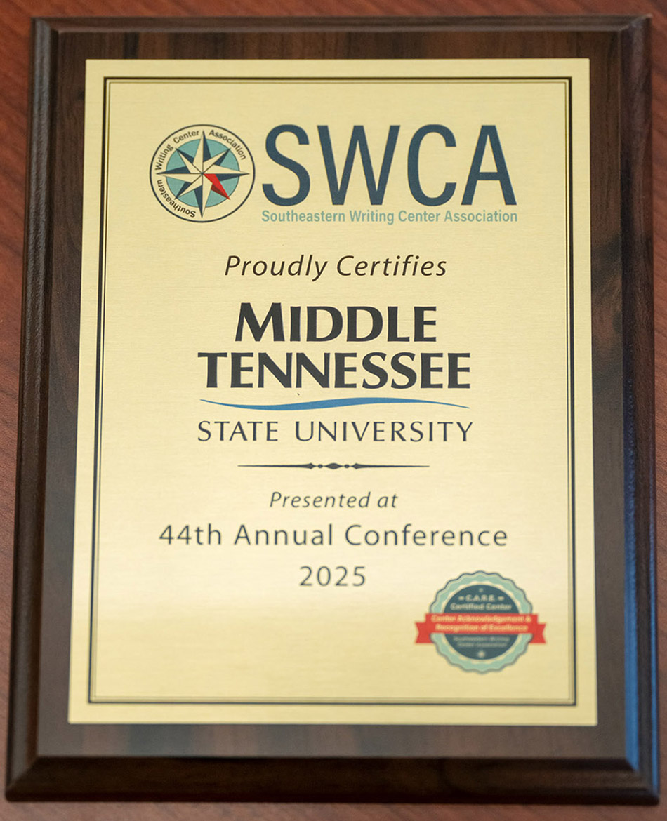 The Margaret H. Ordoubadian University Writing Center at Middle Tennessee State University in Murfreesboro, Tenn., recently received certification from the prestigious Southeastern Writing Center Association, or SWCA. MTSU alumna Briley Welch, who is working on her master’s in English, earned the 2025 SWCA Graduate Tutor Award.