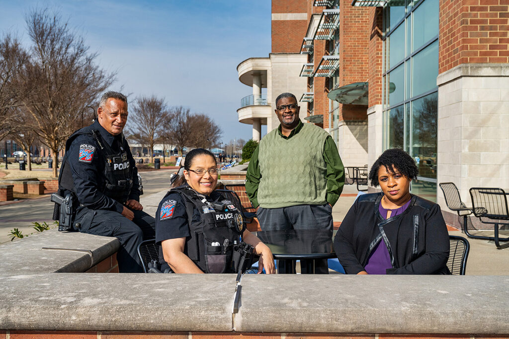 Middle Tennessee State University police officers and team members, from left, Derrick Wharton, Joy Williams, Vergena Forbes and Leroy Carter enjoy a sunny day on campus on Feb. 10, 20201. (MTSU photo by Andy Heidt)