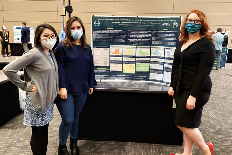 Middle Tennessee State University undergraduate researchers Thipphaphone Niravong, left, Mariana de Araujo Bryan, center, and Elizabeth Wybren present innovative research about effective science communication that they contributed to at the university’s spring 2021 Scholar’s Week research exposition event on campus. (Photo courtesy of Liz Barnes)
