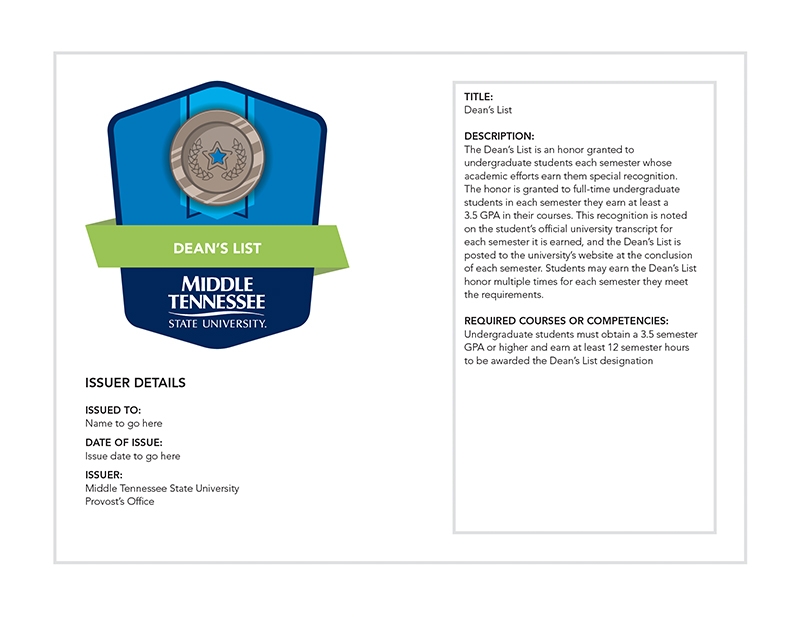 An example of the Dean's list badge students can receive through Parchment. The Dean's list badge is one of 27 digital badges MTSU offers that students can earn.