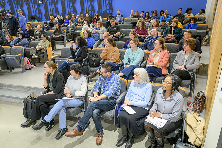 Middle Tennessee State University students, faculty and staff attend the Quality Enhancement Plan town hall on Wednesday, March 5, in Room 105 of the School of Concrete and Construction Management Building on the MTSU campus in Murfreesboro, Tenn. The name of the QEP was unveiled as “Career EDGE,” built around the concept of career readiness, with hopes for the pilot program to start this fall. (MTSU photo by J. Intintoli)