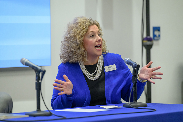 Middle Tennessee State University College of Education associate professor Shannon Harmon speaks at the Wednesday, March 5, Quality Enhancement Plan town hall in Room 105 of the School of Concrete and Construction Management Building on the MTSU campus in Murfreesboro, Tenn. Harmon, who serves as co-chair of the QEP Strategy and Implementation Committee, was among committee leaders providing an overview of the new QEP, which will be called “Career EDGE” and is built around the concept of career readiness. (MTSU photo by J. Intintoli)