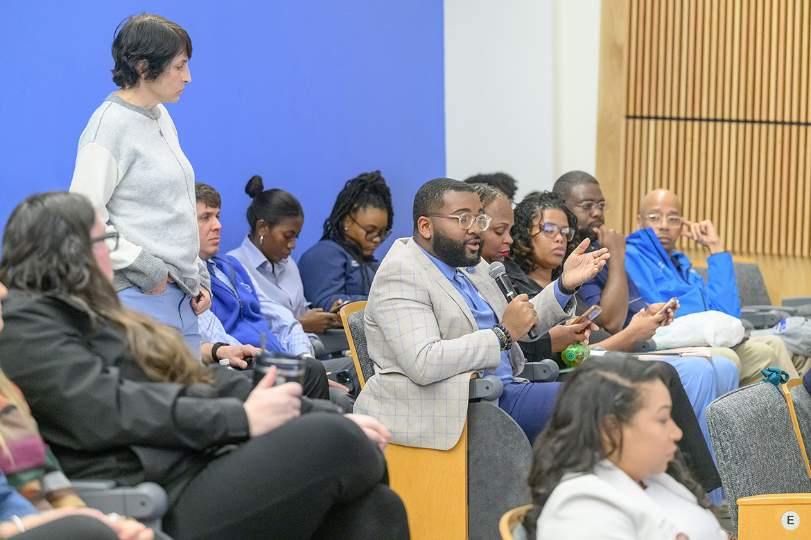 Middle Tennessee State University Student Government Association President Michai Mosby asks a question during the Q&A portion of the Quality Enhancement Plan committee’s town hall held Wednesday, March 5, Quality Enhancement Plan town hall in Room 105 of the School of Concrete and Construction Management Building on the MTSU campus in Murfreesboro, Tenn. (MTSU photo by J. Intintoli)