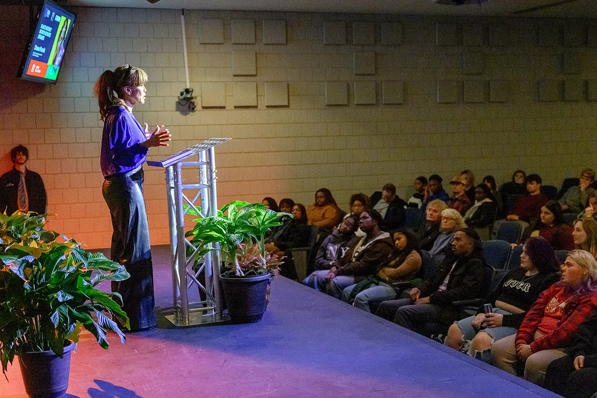 Seattle real estate mogul Dana Frank, author of “Get Up and Get On It: A Black Entrepreneur’s Lessons on Creating Legacy and Wealth,” makes a point while giving the Black History Month keynote at Middle Tennessee State University in Murfreesboro, Tenn. She told the crowd gathered at MTSU’s Keathley University Center Theater Tuesday, Feb. 18, to “light a flame and make it bright.” (MTSU photo by J. Intintoli)
