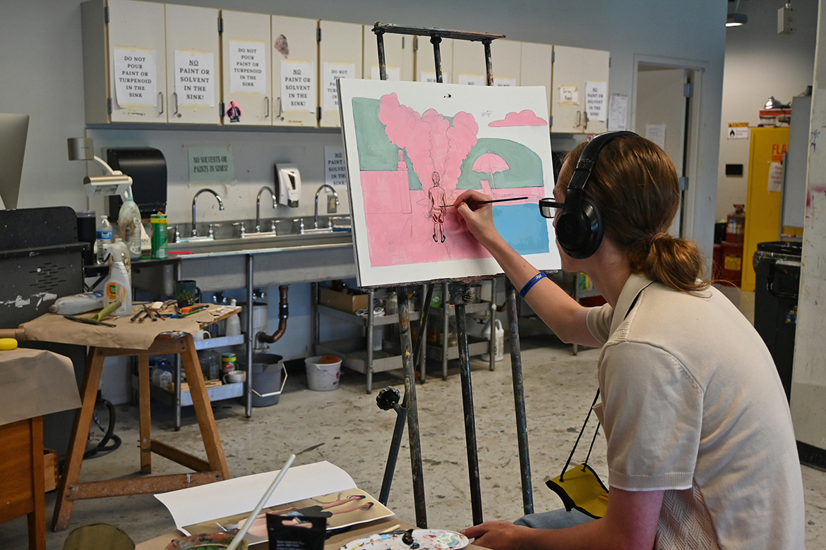 A visual arts student paints during class inside Todd Hall at the Tennessee Governor’s School for the Arts at Middle Tennessee State University. Held June 7-29, the three-week residency program allows highly talented high school juniors and seniors to improve their skills and gain college credit in their art discipline. Almost 300 students from across the state lived and attended classes this year on the MTSU campus in Murfreesboro, Tenn. (MTSU photo by Jordan Reining)