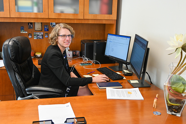 Dawn McCormack, associate dean of the MTSU College of Graduate Studies, works in her office in the Sam Ingram Building on Oct. 15, 2020. (MTSU photo by Stephanie Barrette)