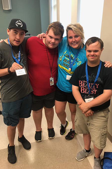 Emily Stock, second from right, a special education teacher at Blackman High School in Murfreesboro, Tenn., will serve as the camp lead at Middle Tennessee State University’s Inclusive College Experience this summer June 19-23 for people ages 16 to 25 with intellectual disabilities. Posing with Stock at MTSU's Student Health, Wellness and Recreation Center are, from left, summer 2019 campers Evan Osborne, Tyler Swauge and Seth Parks. (Photo courtesy of Emily Stock)