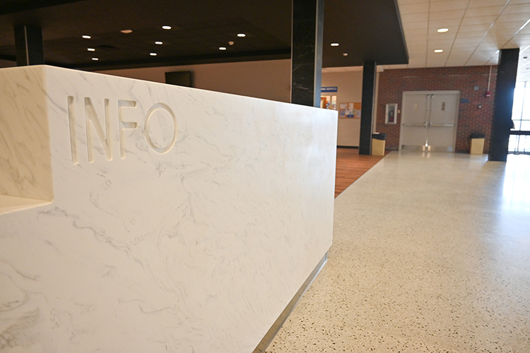 The recently renovated Keathley University Center lobby at Middle Tennessee State University showcases modern design features like the new, marble-effect information desk to create a functional and student-centered space pictured here on Feb. 5, 2021. (MTSU photo by Stephanie Barrette)