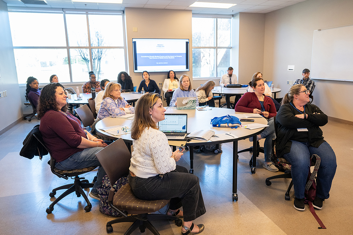 Educators from across the region listen to a presentation on “The Relationship Between Growth Mindset Factors and the Text Selection of Middle School Students” that was presented by Middle Tennessee State University Literacy Studies graduate student Jasmine Jackson of Murfreesboro, Tenn., at the 2025 Literacy Research Conference held March 1 on campus in Murfreesboro. (MTSU photo by Cat Curtis Murphy)