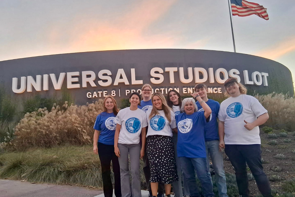 Six students from Middle Tennessee State University’s Scott Borchetta College of Media and Entertainment were selected to attend the Grammy Awards in Los Angeles, California. Posing for a group photo outside Universal Studios are, front row, from left, Holly Allen, assistant director, Career Development Center; students Gabriela Diaz and Emily Eastep; and Denise Shackelford, associate professor, Recording Industry; and back row, from left, students Jenene Grover, Anna Shinholster, Colman Connolly and Chandler Furr. In addition to visits to music locales in Los Angeles, the students will go behind the scenes at the Crypto.com Arena to see how the Sunday, Feb. 1, 2026, Grammy telecast will be staged and attend the ceremony. (MTSU photo)