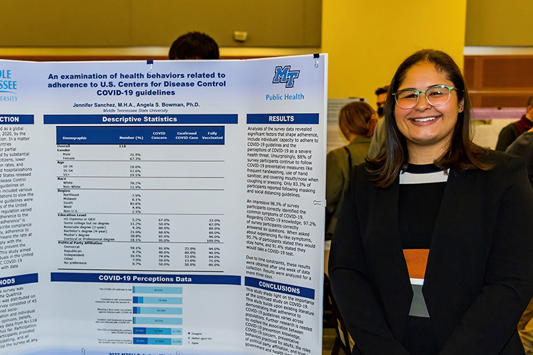 Jennifer Sanchez, Middle Tennessee State University doctoral health and human performance student, won second place for her research on health behavior adherence to Centers for Disease Control and Prevention COVID-19 guidelines at the university’s annual “Scholars Week” research expo on March 25, 2022, in the Student Union Building ballroom on campus. (MTSU photo by Andrew Owusu)