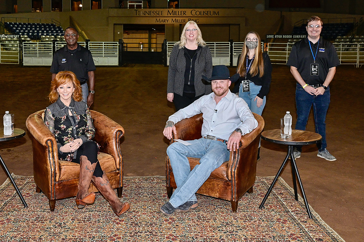 Middle Tennessee State University staff, who coordinated the music video shoot for country music artists Reba McEntire and Cody Johnson’s single “Dear Rodeo,” pose for a photo on set at MTSU’s Tennessee Miller Coliseum in Murfreesboro, Tenn., on Oct. 1, 2020. Standing in the top row, from left, are MTSU President Sidney A. McPhee, Media and Entertainment Dean Beverly Keel, student worker Sarah Oppmann and video field producer Kobe Hermann. Sitting in the bottom row, from left, are Reba McEntire and Cody Johnson. (MTSU photo by Andy Heidt)