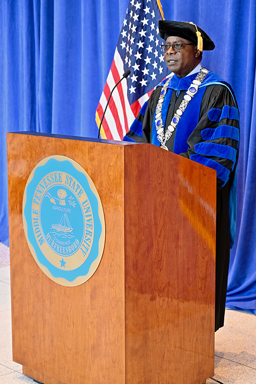 MTSU President Sidney A. McPhee makes a point during his address to the members of the spring Class of 2020 while taping the university's first virtual commencement ceremony to air Saturday, May 9. MTSU formally presented 2,519 students with degrees in an online event arranged to celebrate their accomplishments during the pandemic. (MTSU photo by Andrew Oppmann)