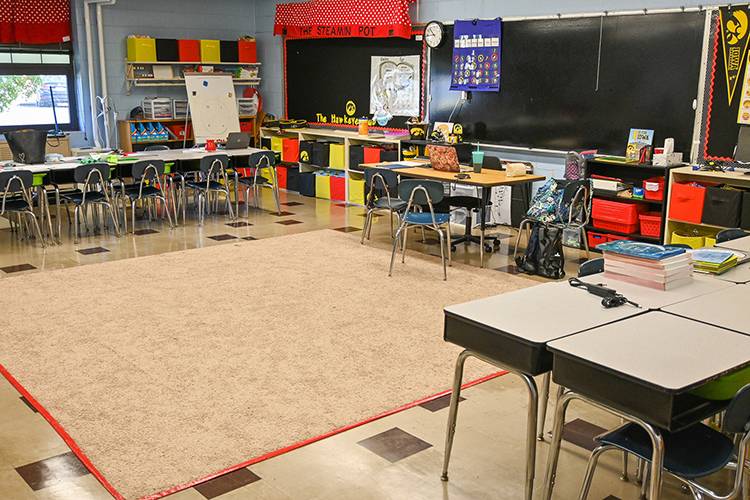 With students learning virtually from home, this first-grade classroom at Thurman Francis Arts Academy sits empty in Smyrna, Tenn., on Oct. 14, 2020. (MTSU photo by Stephanie Barrette)
