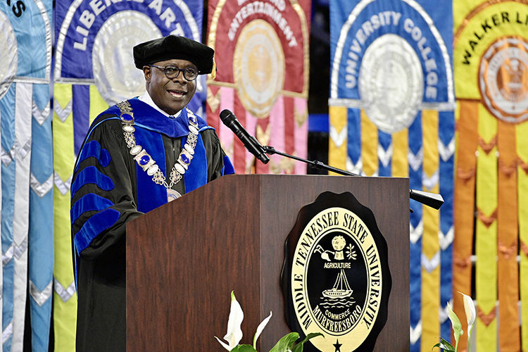 MTSU President Sidney A. McPhee speaks to the August Class of 2021 inside Murphy Center Saturday, Aug. 7, at the university's summer 2021 commencement ceremony. MTSU presented degrees to 825 new graduates at the event. (MTSU photo by Andy Heidt)