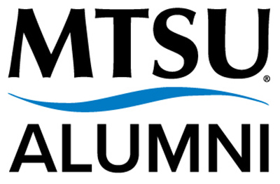 Rectangular MTSU alumni logo with blue swish in between the words.